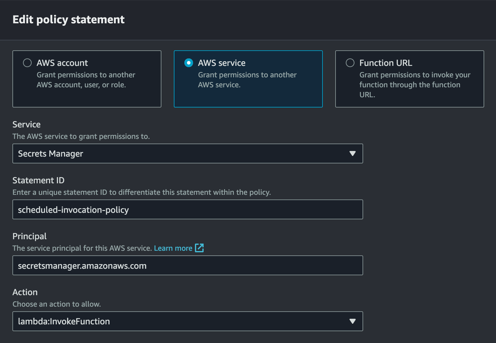 Before linking them, we need to grant permissions to our Lambda function so that it can be invoked on a scheduled basis through the Secrets Manager.
