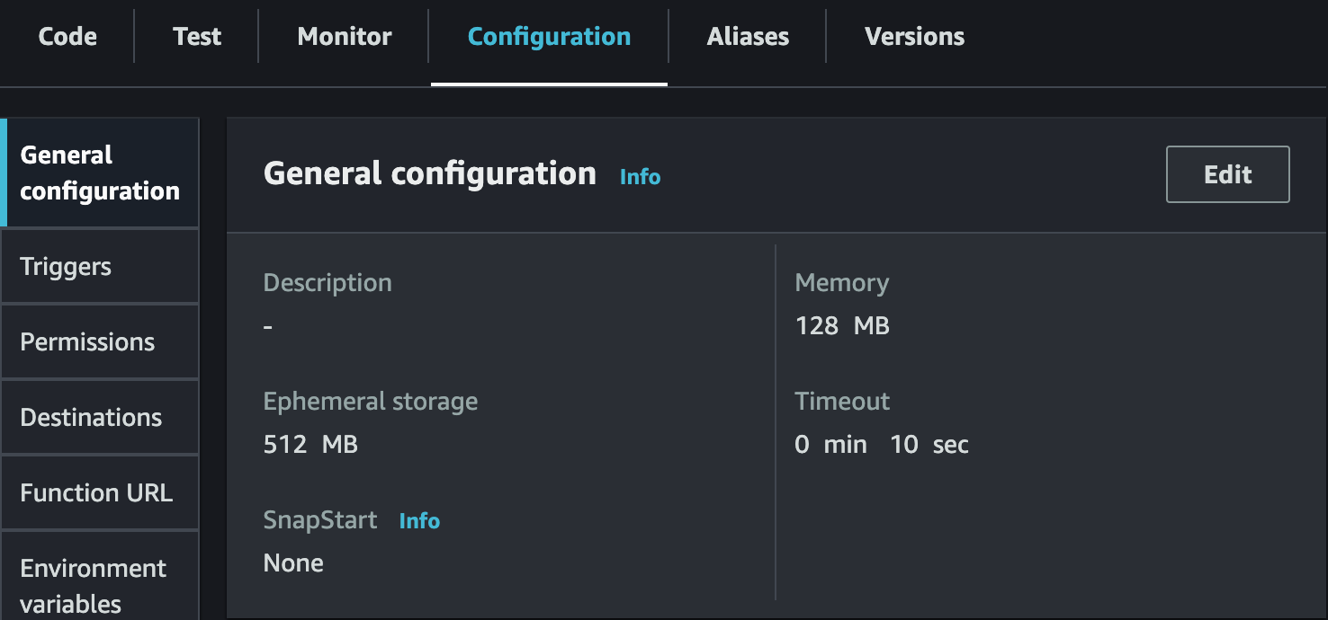 We can accomplish this by going to the Lambda function overview page, navigating to the “Configuration” tab, and then to “General configuration”.